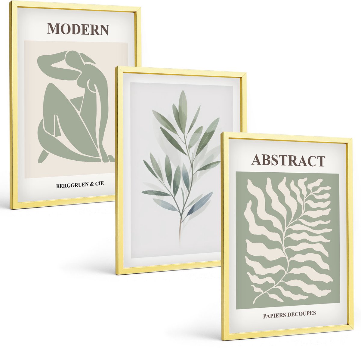 Coloray 3-Delige Schilderij Set - Matisse Design Aquarel Boho Planten - 40 x 40 cm En 40 x 60 cm - Muurdecoratie - Wanddecoratie - Hal - Woonkamer Decoratie