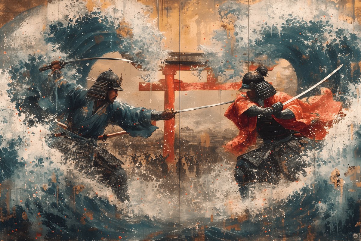 Vintage Samurai Poster - Gevecht - Oosterse - Japanse - Retro - Historische - posters - formaat 30x40cm - Wanddecoratie - XS2545MT