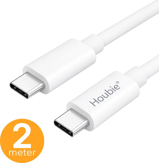 Twee witte USB-C naar USB-C connectoren, met de tekst 'Houbie'. Een oranje cirkel met '2 meter'.