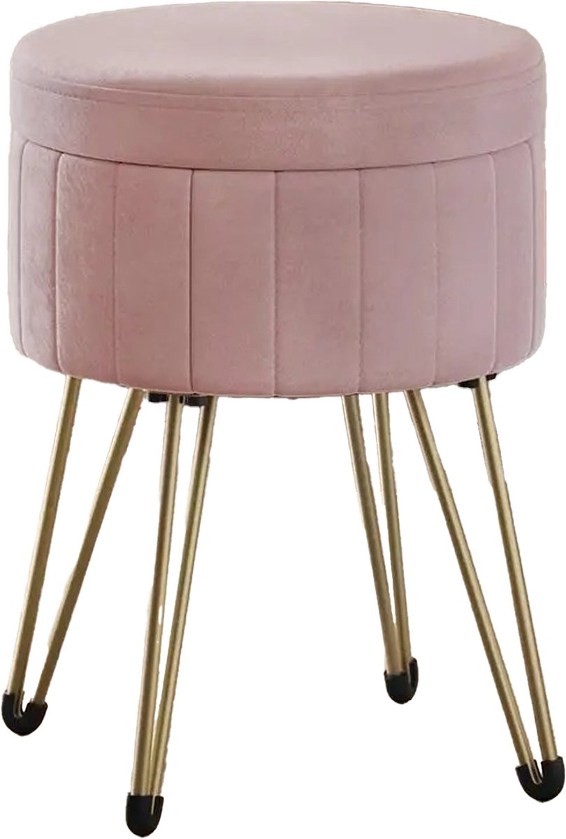 MokoHub Make up stoel - Kaptafel kruk - Met opbergruimte - Met 4 metalen poten - 30x30x30 cm - Roze
