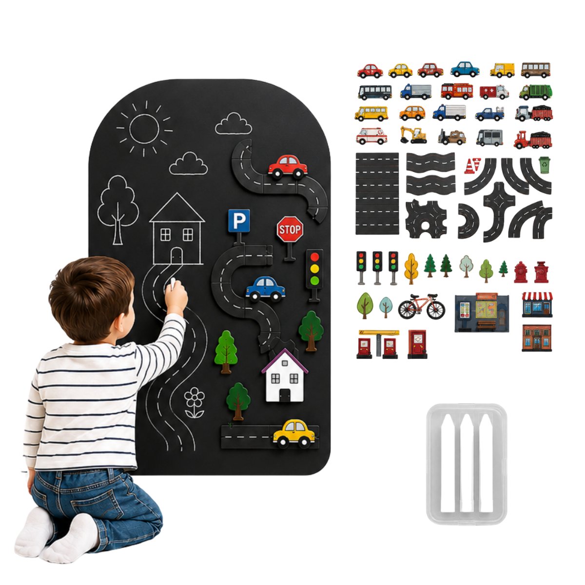 Huysplan - Magnetische muursticker - krijtbord - 75 x 47 - Zwart met magnetische autobaan - magneet sticker - magneetbord