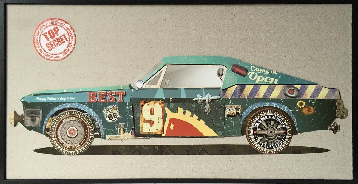 Padiro wanddecoratie 82 x 42 cm - meerkleurig - papier op canvas met lijst - raceauto in collage