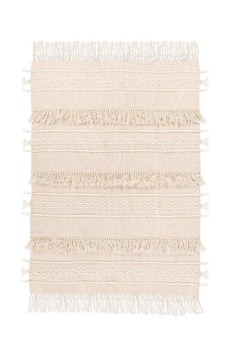 Padiro woonplaid - 130 x 170 cm - Naturel - Boho, Gestructureerd oppervlak - Wol - met franjes