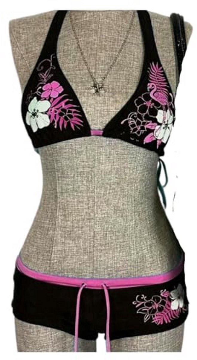 Casalora® Women's bikini sets Women Y2k Vintage Floral Halter Set Lace Up Triangle Swimsuit With Shorts Beach Bathing Suit-black Pink-L