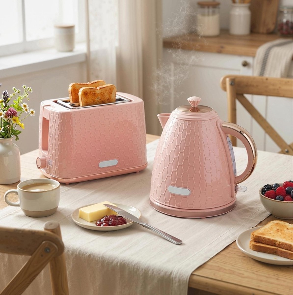 MODFU - Waterkoker En Broodrooster Set - 1,7 L - 2200 W - 2 Sleuven - Roze - Kunststof
