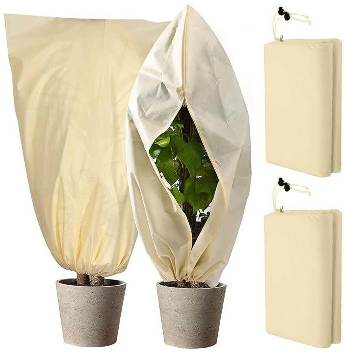 Set van 2 stuks beige vliesdoek‑plantenwinterhoezen tegen vorst, afmetingen 240 × 200 cm, duurzaam materiaal met ritssluiting, UV‑ en luchtdoorlatend tuindoek voor bomen en planten