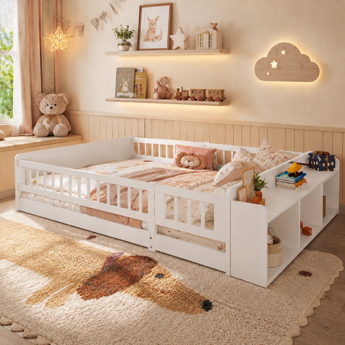 Welltin Kinderbed 140x190 cm - Tweepersoonsbed - Vloerbed - Grondbed - Multifunctioneel bed - Open opbergruimte - Met vangrail - Met planken - Dennenhout - Ruimtebesparend - Snelle montage - Wit