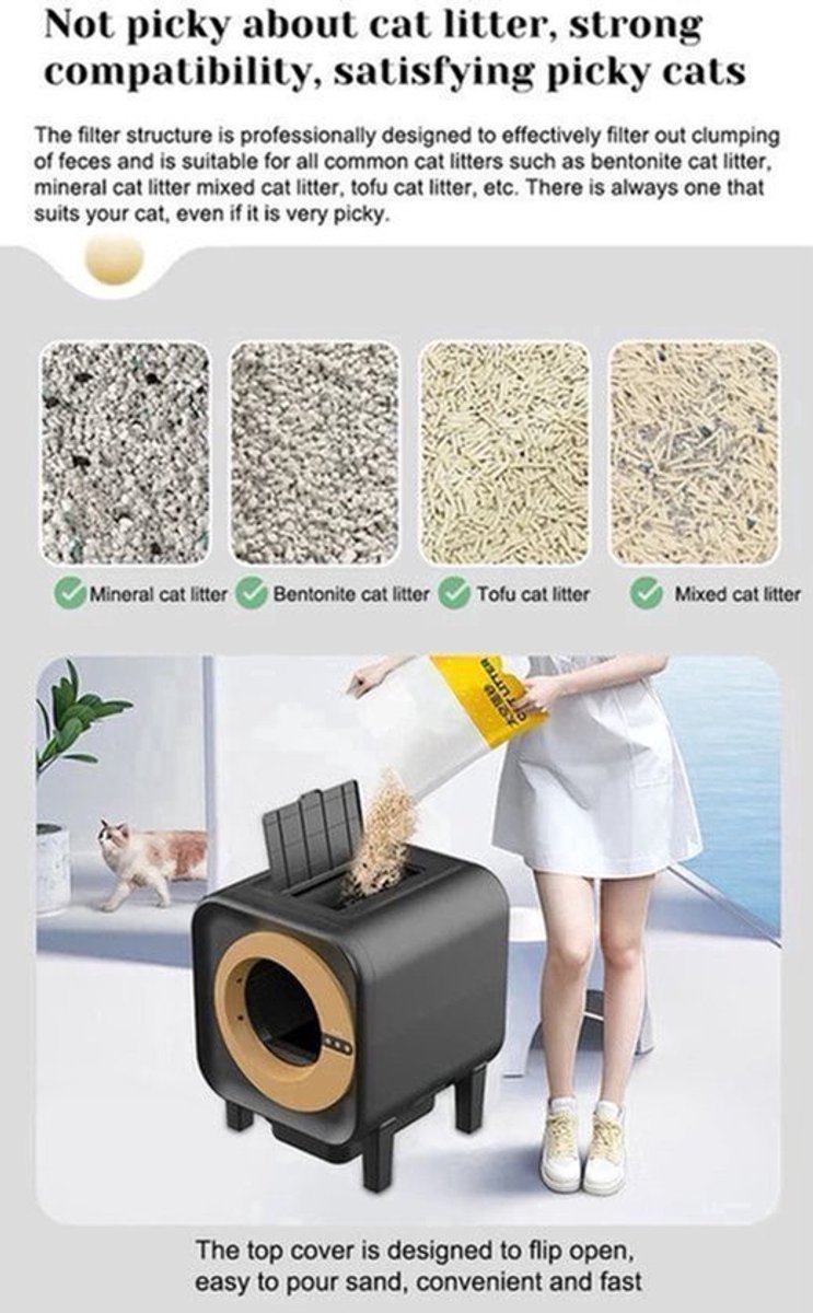 Prullenbak – Kattenbak – Afvalbak – Afvalemmer – Automatische Kattenbak – 70L Capaciteit – App Bediening met Geurfilter