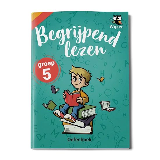 Omslag oefenboek Begrijpend Lezen, groep 5. Met een jongen die leest bovenop een stapel boeken.
