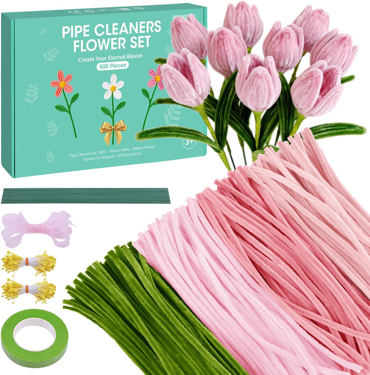 Pijpenreinigers bloemenset, 500 stuks pijpenreinigers om te knutselen, met lint, plakband, stofbladeren, bloemendraad - ShopVlot