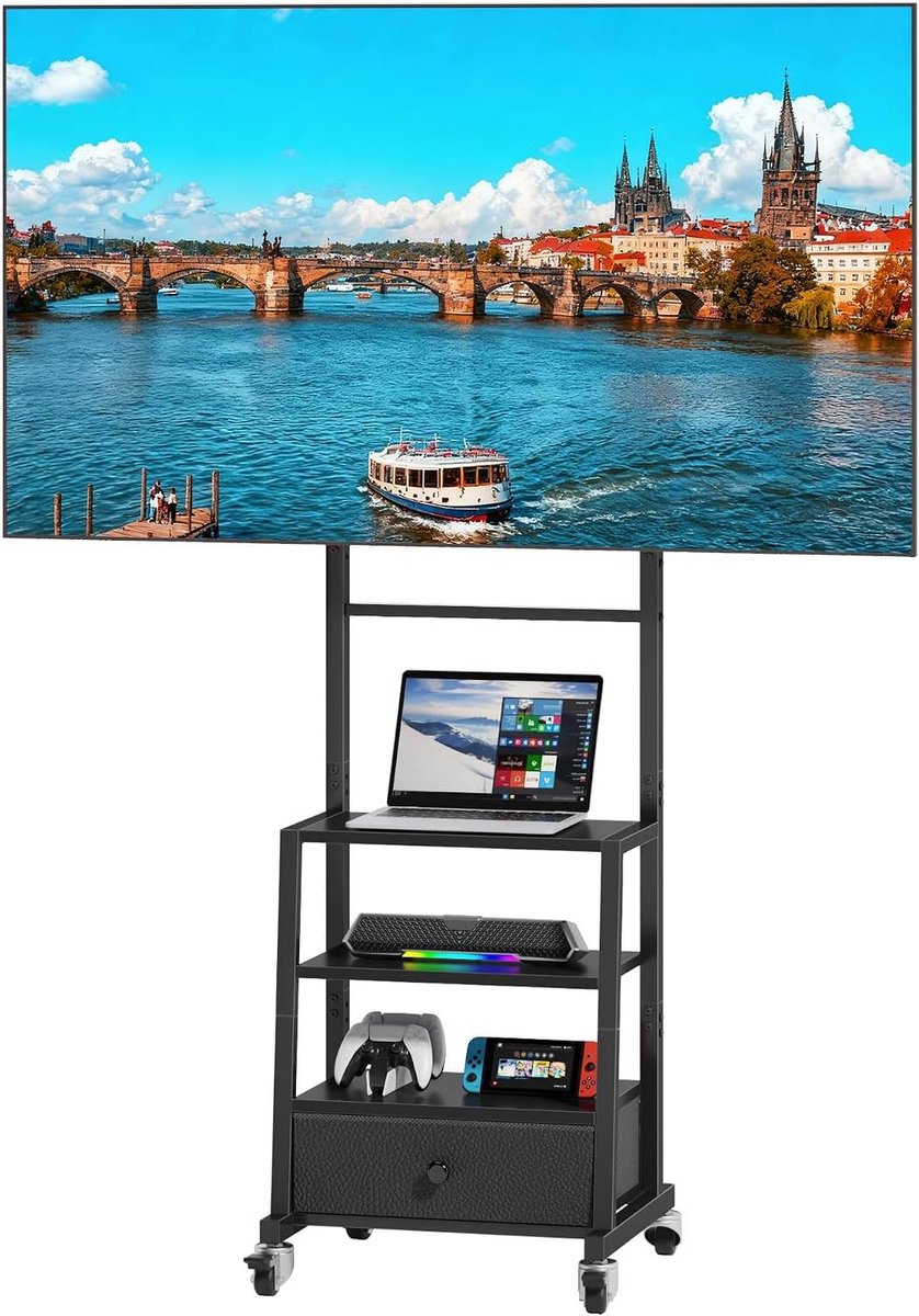 Verrijdbare TV Standaard - TV Meubel - Flexibel TV Kijken - Met Stoffen Lade - 32-55 Inch - Zwart