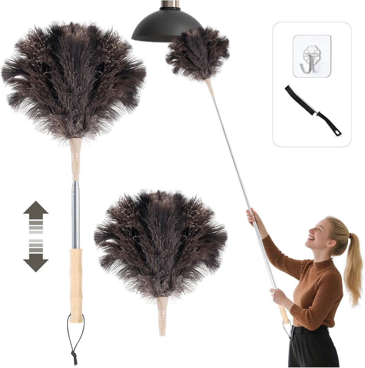 Ragebol met telescoopsteel - Naturel - Uittrekbaar tot 115 cm - Struisvogelveren met bamboehandvat - Voor gevoelige oppervlakken en plafonds