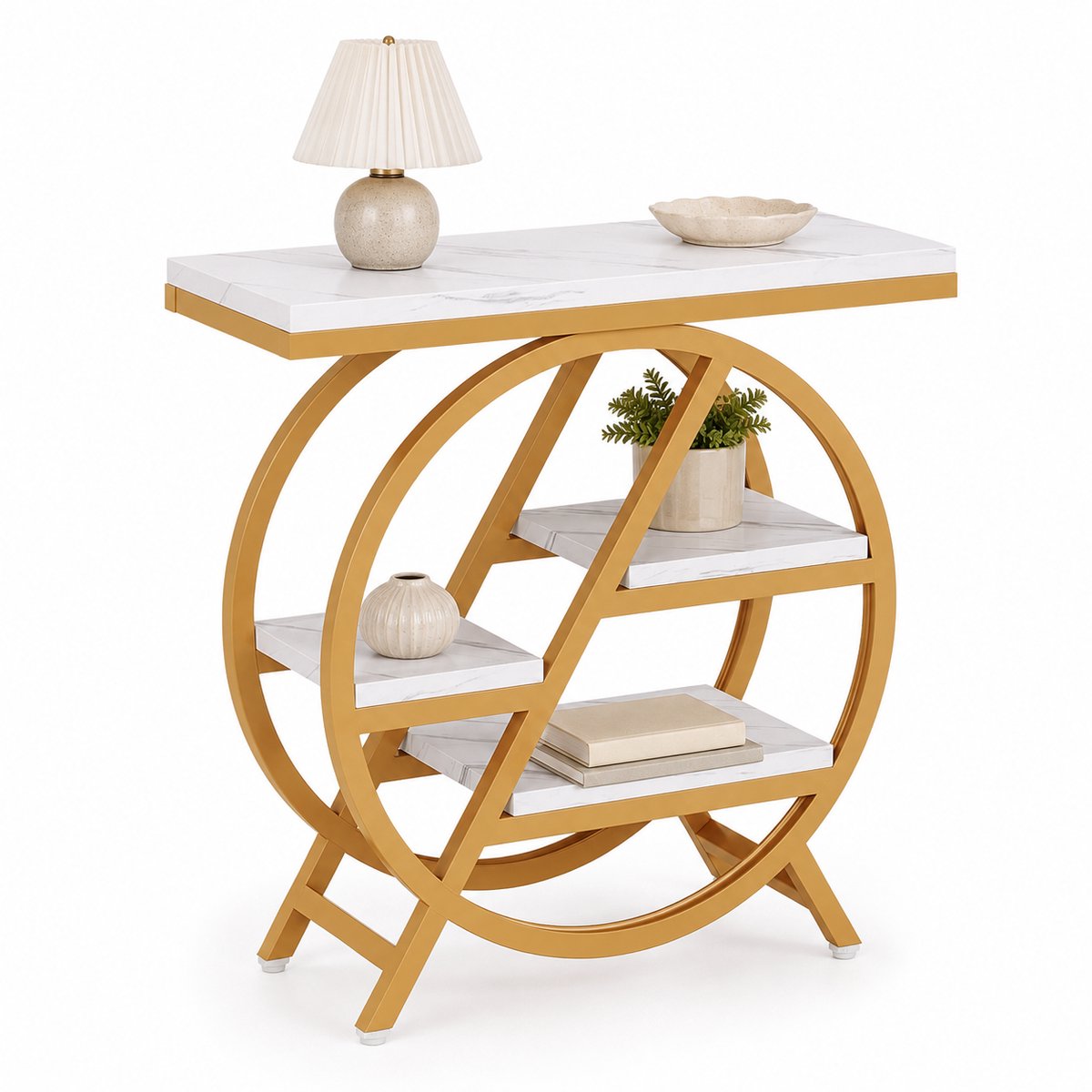 DMG Supply Bijzettafel - 4 Niveaus - Geometrisch Frame - 65 x 30 x 66,5 cm - Wit/Goudkleurig - Metaal