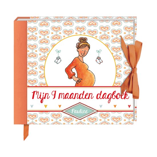 Baby 9 maanden dagboek met zwangere vrouw, hartjes en oranje lint. Tekst in het Nederlands.