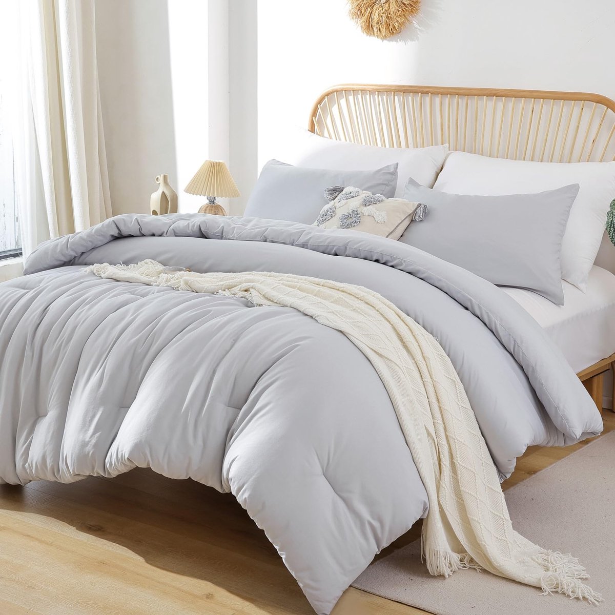 ROSGONIA Gray Comforter Set Queen, 3pcs(1 Boho Light Grey Comforter & 2 Pillowcases) All Season Soft Bedding - ShopVlot