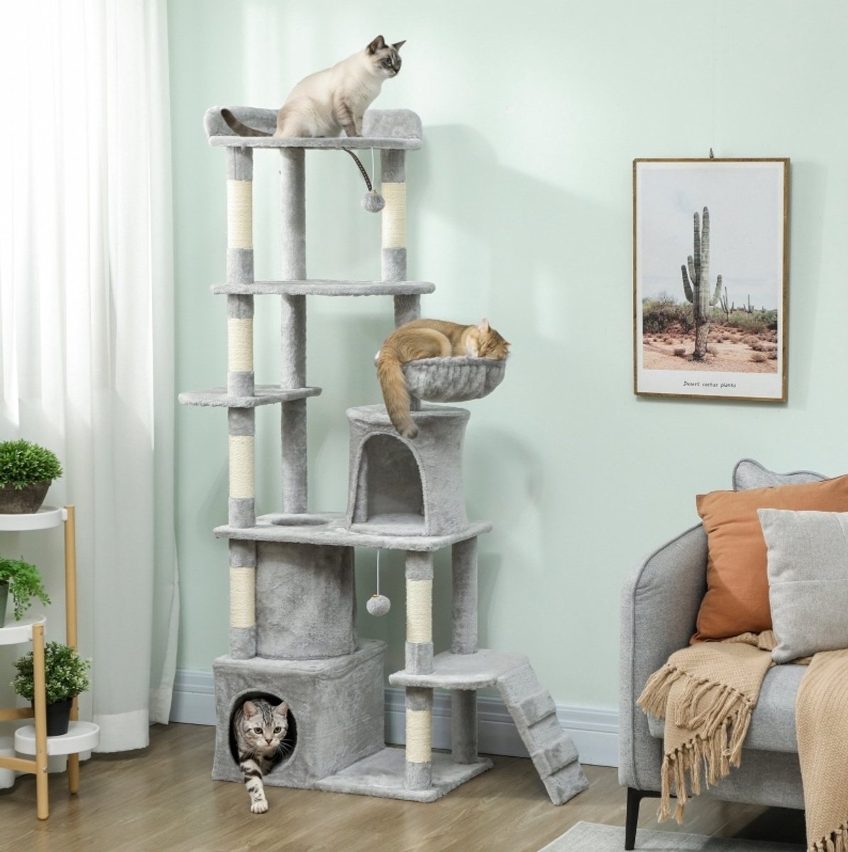 REDOM - Kattenkrabmeubel - 170 cm hoog - Meerdere niveaus met tunnel en kattenhuisjes - Inclusief hangmat en speelballen - Krabpaal met sisal krabpalen - Lichtgrijs - 60 x 40 x 170 cm