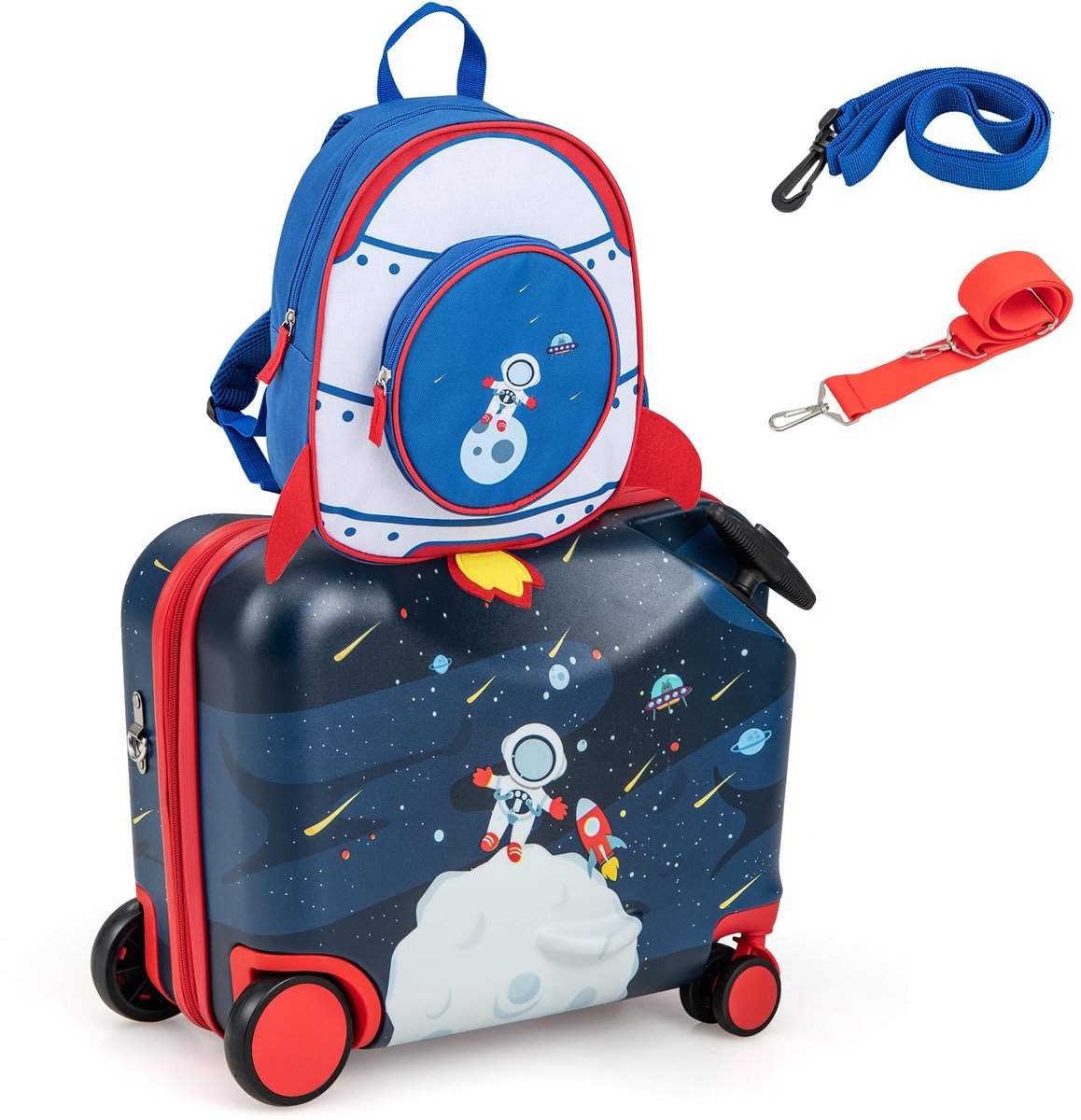 COSTWAY 2-delige kinderkoffer + rugzak, 30 cm + 45 cm, kindertrolley met wielen en waterdichte harde schaal, kinderbagage met draagriem, touw en voetsteunen, rolkoffer voor jongens en meisjes