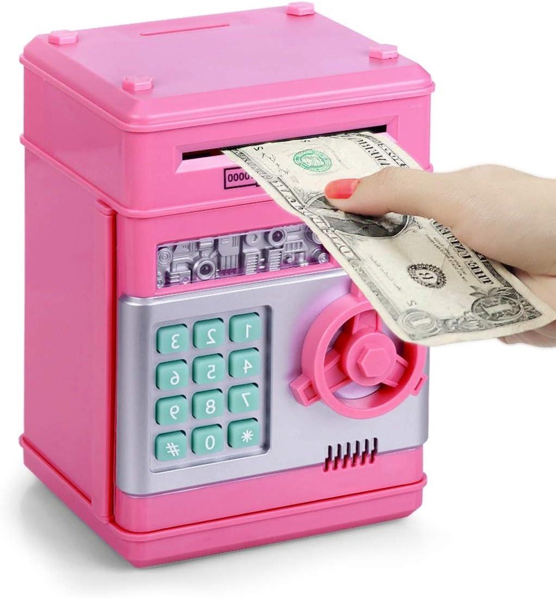 Spaarpot Kluis - Geldkluis Kinderen - Geld Besparen Leren - Wachtwoord Beveiligd - 14 x 13.5 x 18.5 cm - Roze