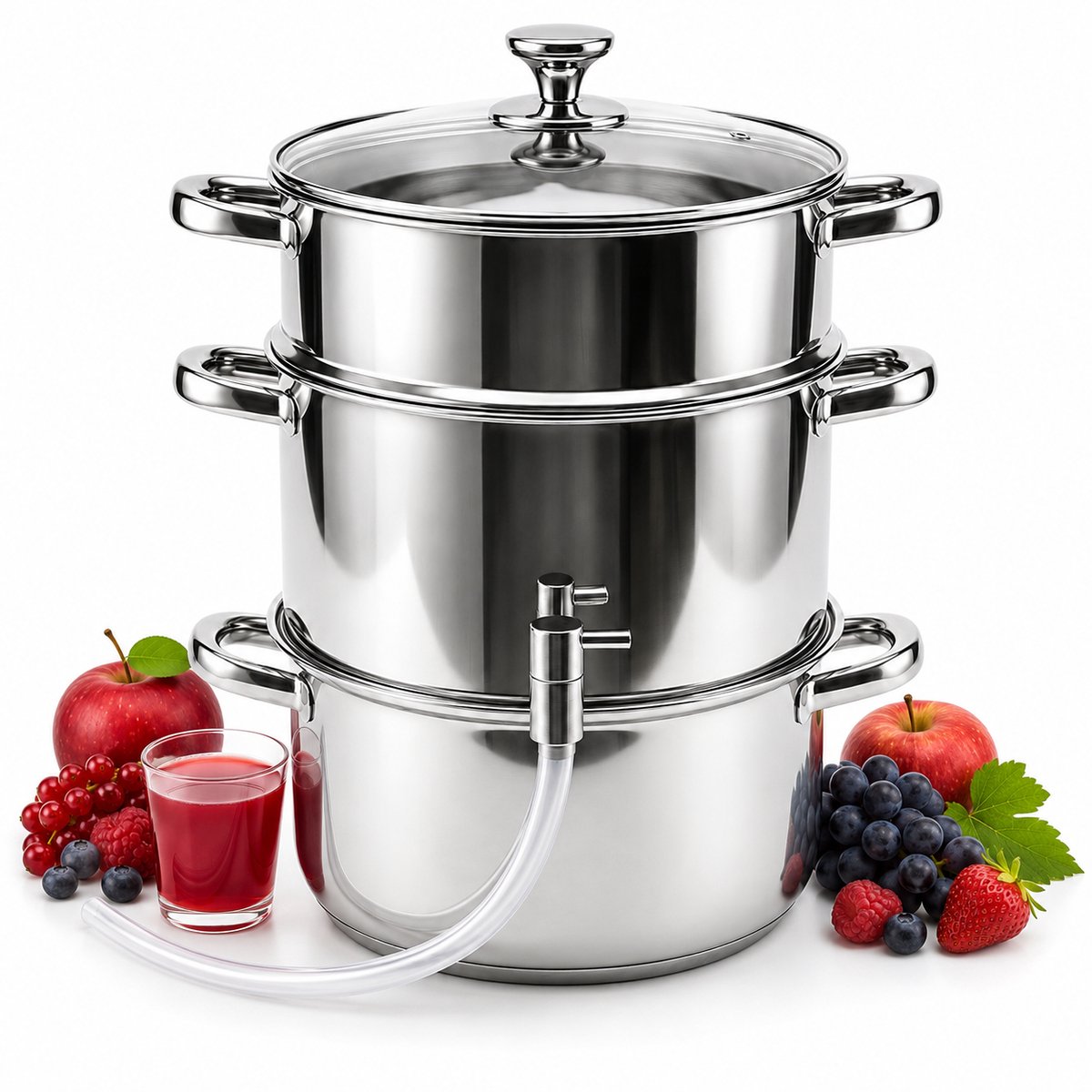 VHV-Stoomsapper - Sapkoker - 8L - Voor Inductie - Met kraan - Sappan - Ontsapper - 3-laags – Sapcentrifuge voor Fruit en Groenten - RVS - Voor fruit en groenten - Glazen deksel - 31*37cm - Zilver