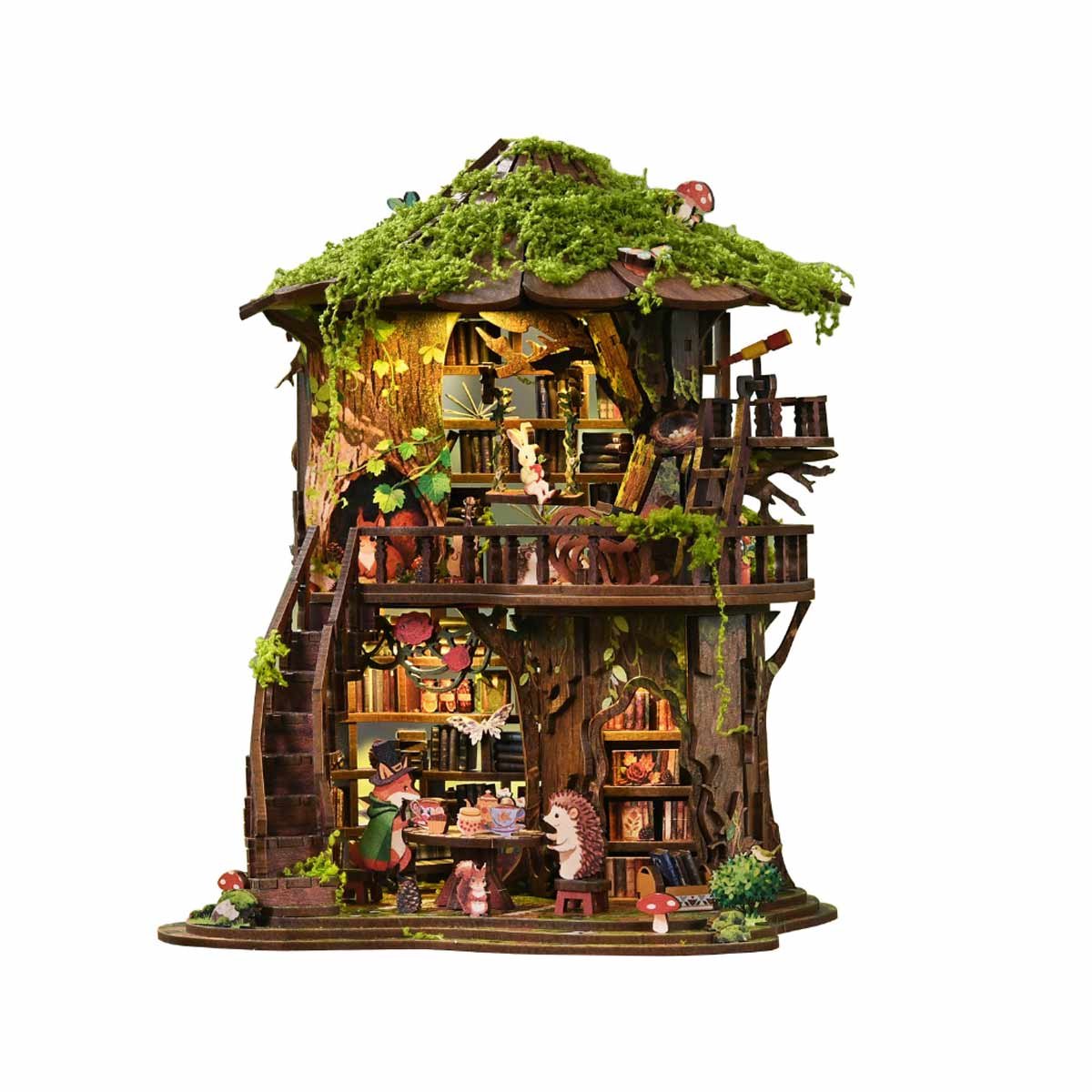 Meedeer Miniatuur bouwpakket-Miniatuur poppenhuis-Boekwinkel-Houten modelbouw-3D puzzel-Boomhut in het bos-Met Touchlamp-Voor 14 jaar +