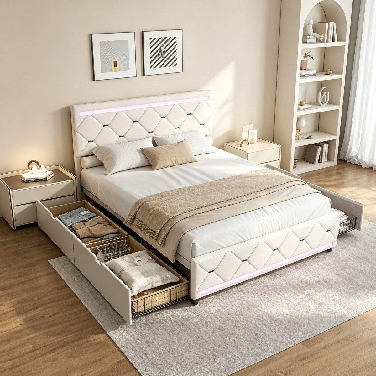 ROSAHQNDA Tweepersoonsbed 140x190 cm, gestoffeerd bed met 4 lades en LED-verlichting, opbergbed voor slaapkamer, fluweel, gebroken wit, zonder matras