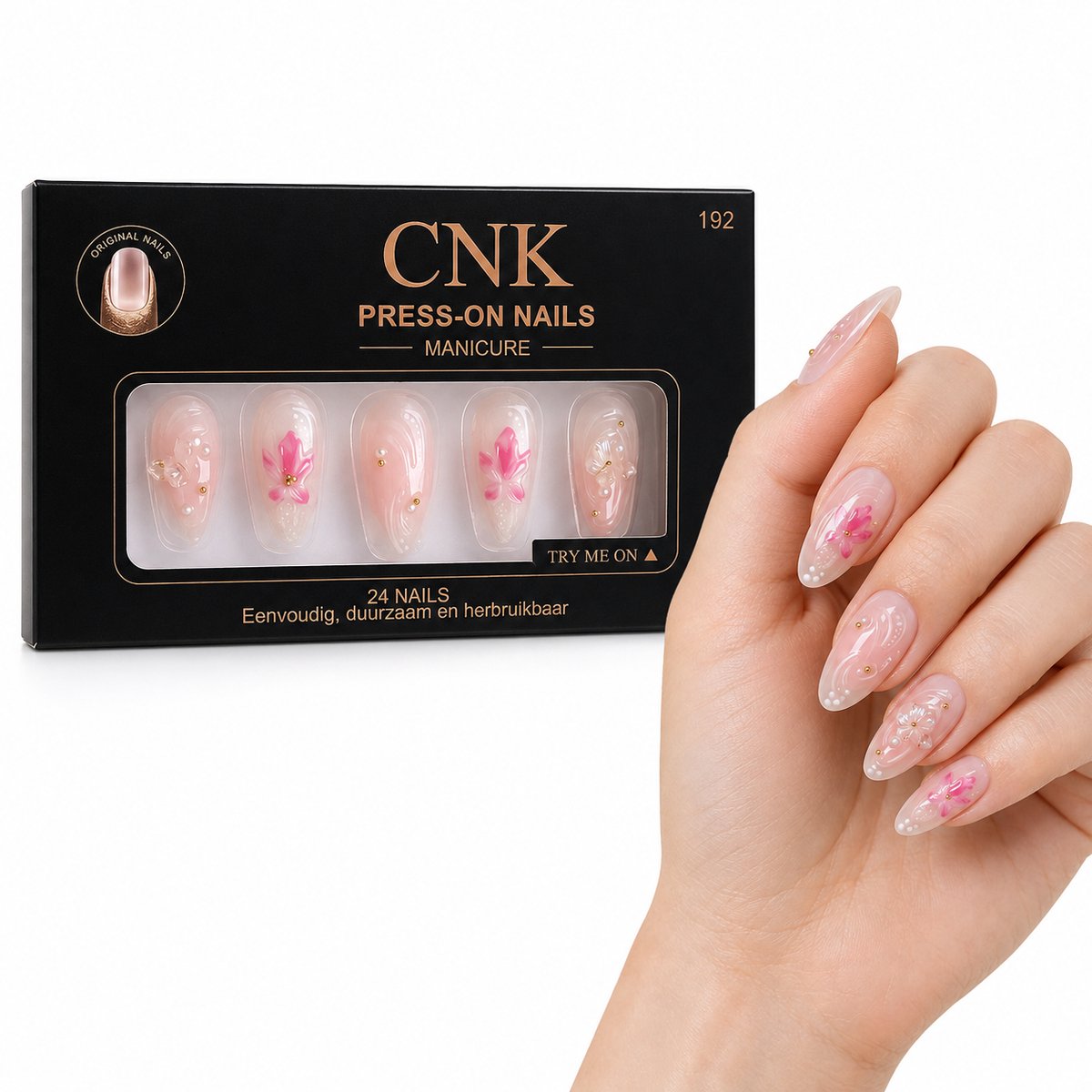 CNK 192 Press On Nails - Plaknagels - 24 Kunstnagels met Nagellijm, 24 Zelfklevende Plakstickers, Cleaner Wipe, Nagelvijl, Woodstick & Size Matcher - Nepnagels voor 7-14 Dagen - Herbruikbare Press-On Nagels - Starterspakket voor Manicure & Nail Art
