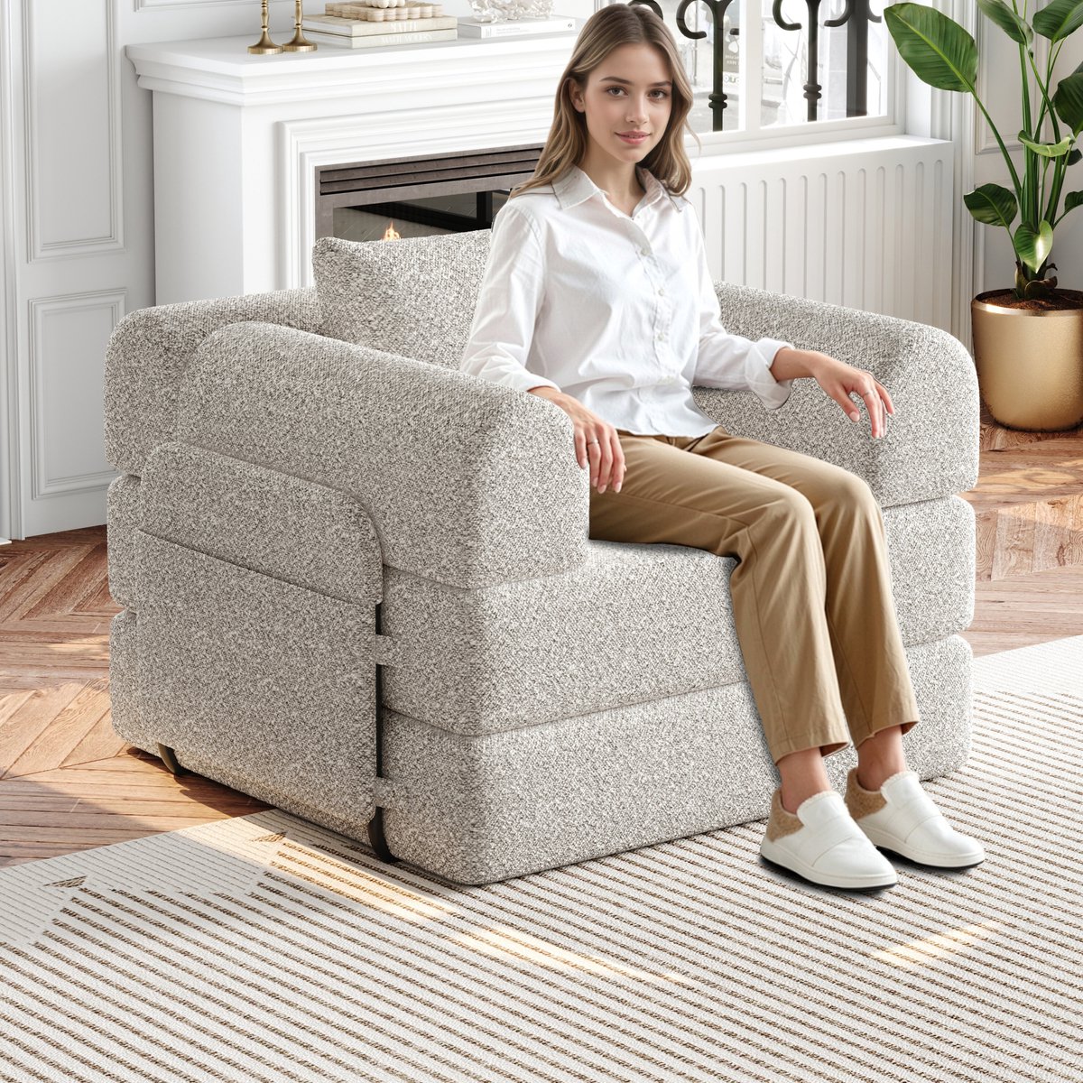 MIVRAY Slaapbank 1-Zits - 2-In-1 Met Opbergruimte In Armleuning - Voor Woonkamer En Logeerkamer - Chenille Khaki