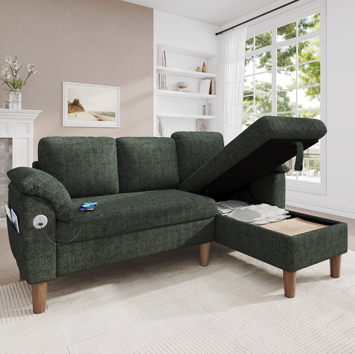 MIVRAY Hoekbank 181 X 125 X 88 Cm - Met Opbergruimte, Omkeerbare Chaise Longue En USB C Oplaadpoort - Voor Woonkamer - Chenille Groen