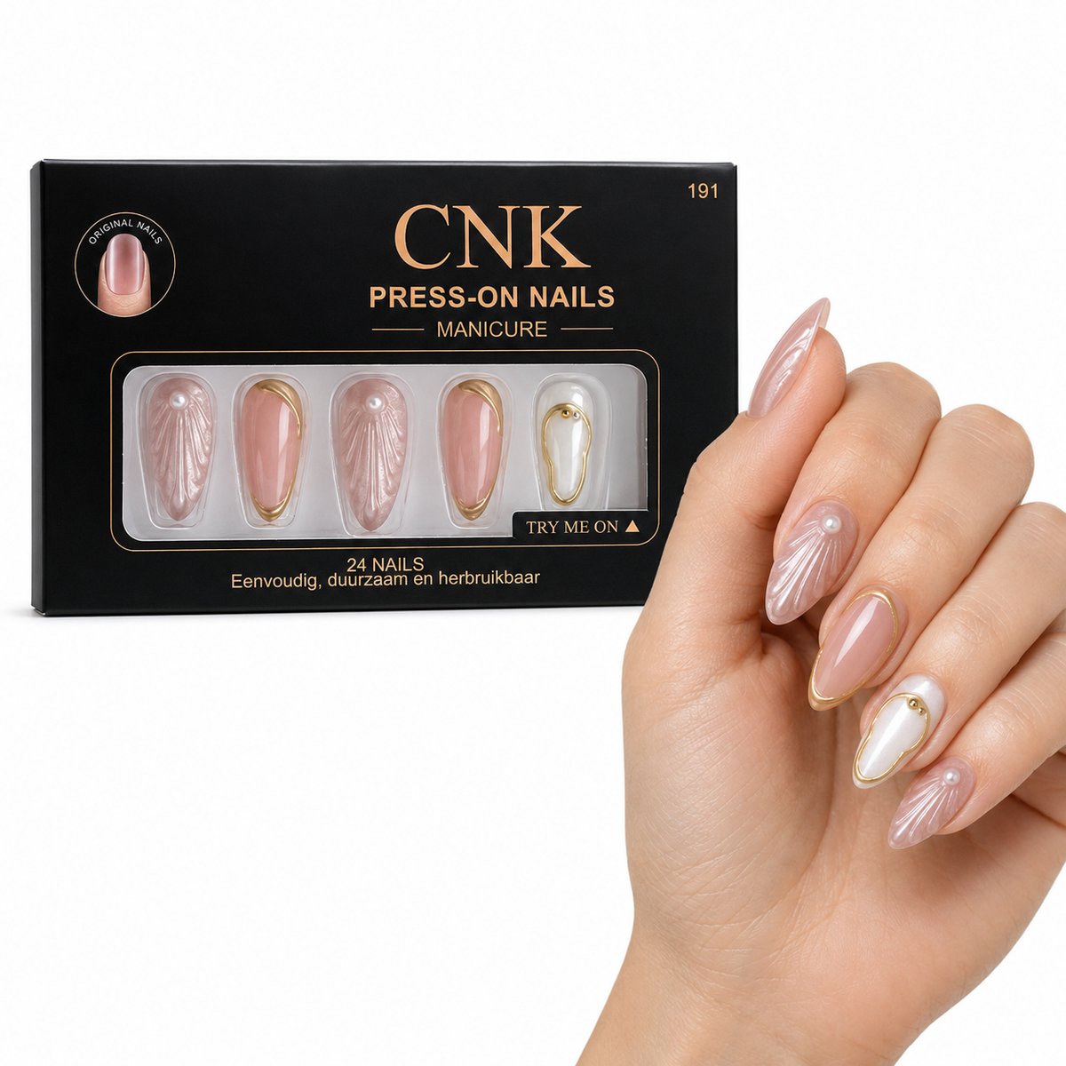 CNK 191 Press On Nails - Plaknagels - 24 Kunstnagels met Nagellijm, 24 Zelfklevende Plakstickers, Cleaner Wipe, Nagelvijl, Woodstick & Size Matcher - Nepnagels voor 7-14 Dagen - Herbruikbare Press-On Nagels - Starterspakket voor Manicure & Nail Art