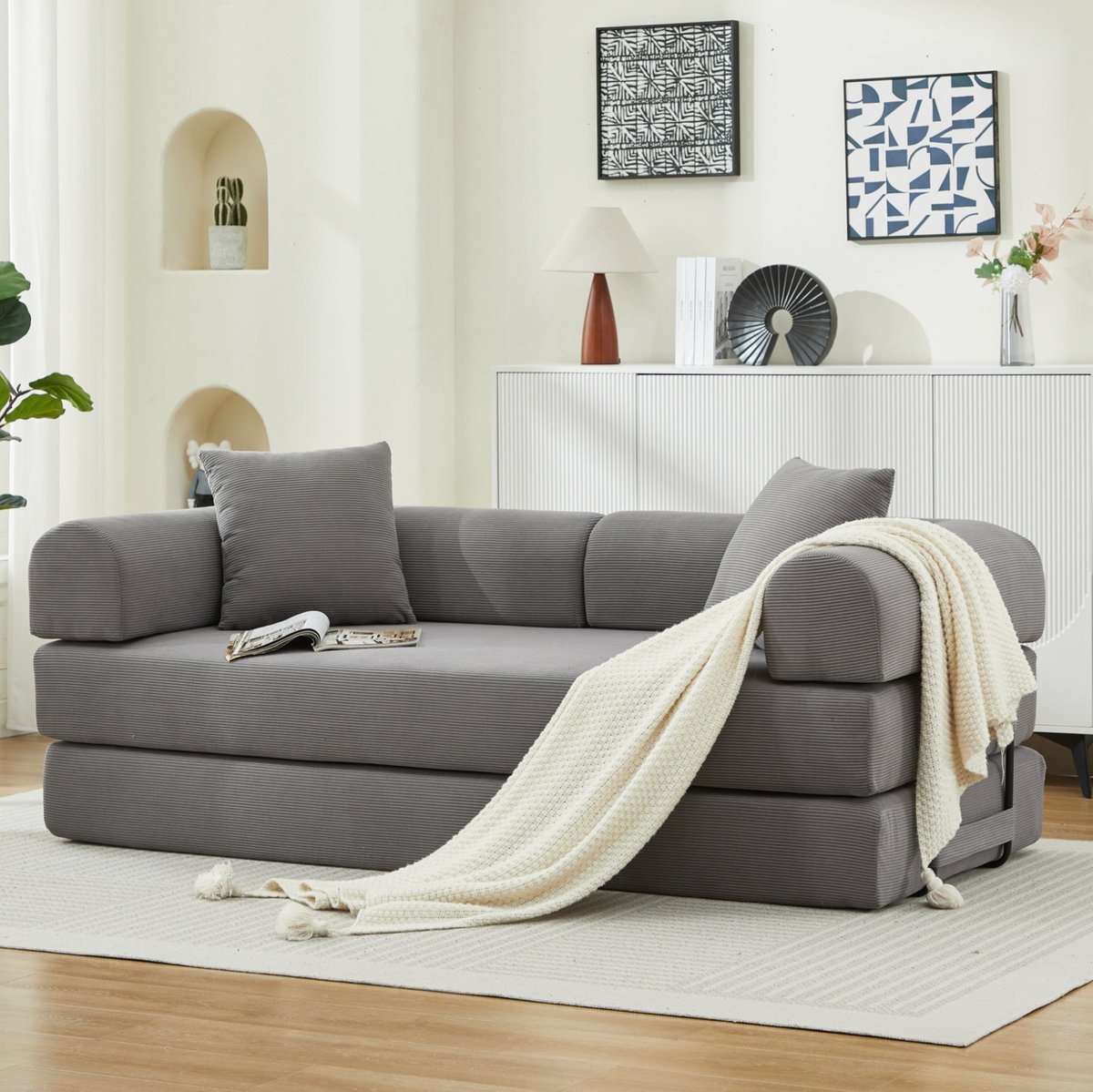 MIVRAY Slaapbank 200 x 90 x 75 cm Uitklapbaar Met 2 Kussens Voor Woonkamer Kantoor En Appartement Comfortabele Ribstof Grijs