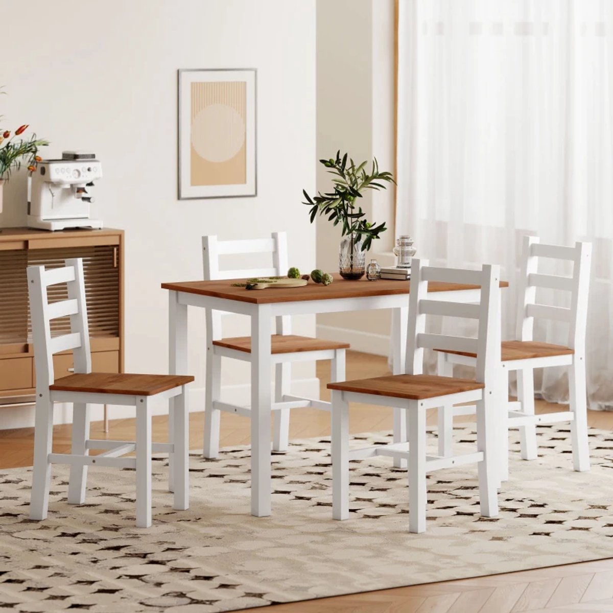 Eethoek - Eetgroepset - Eettafel Met 4 Stoelen - Eetkamerset - Grenenhout - Bruin En Wit