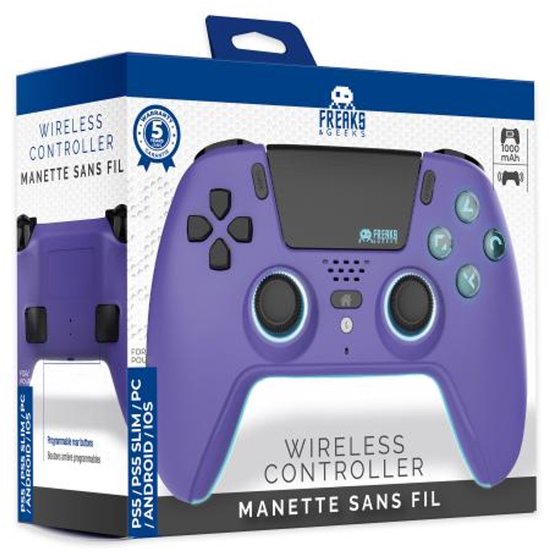 Paarse draadloze controller in de verpakking, met "WIRELESS CONTROLLER" en "MANETTE SANS FIL" op de voorkant.