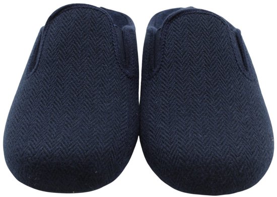 Voorzijde van twee donkerblauwe Scapa pantoffels met visgraatpatroon.