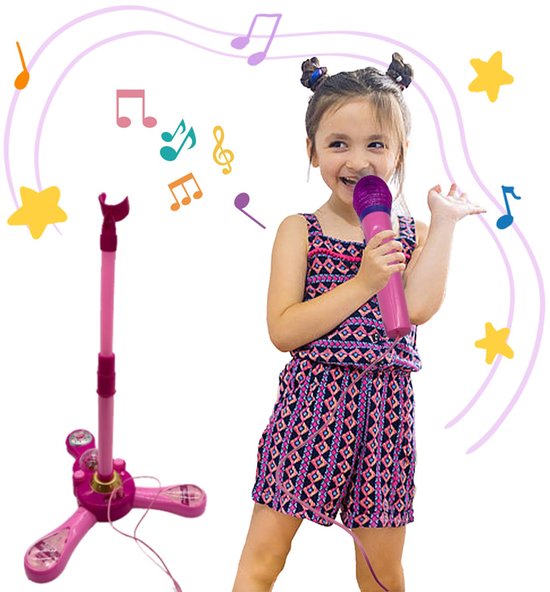 Roze Karaokemicrofoon voor Kinderen - Verstelbare Standaard 40-90 cm - Roterende Lichtbal - 10 Geluidseffecten - Voor Smartphone & MP3 - Vanaf 3 Jaar — afbeelding 4