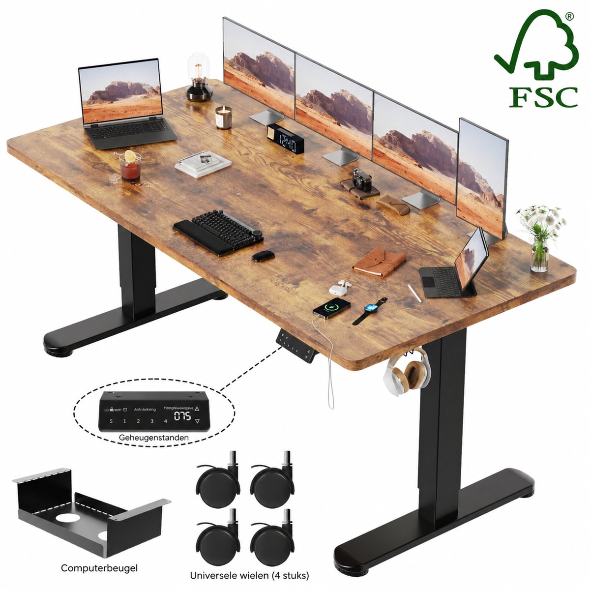 Devoko Elektrisch Zit-sta Bureau 157 x 80 cm - 25 mm FSC Werkblad - Dubbele Motor, 130 kg en 4 Geheugenstanden - Gebrand Houtlook/Zwart