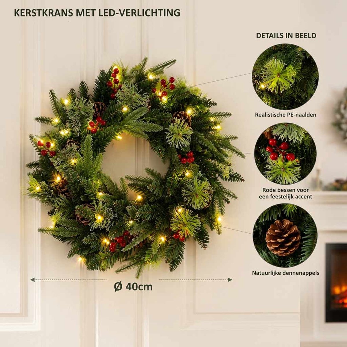 Meedeer Kerstkransen met Decoraties & LED verlichting(40cm)-Kerstkrans-Groen-Met 8 verlichtingsmodi-Met rode vrucht-PE+PVC-materiaal-Deurkransen kerstversiering- Kerstdecoratie - Kerstmis – foto 7