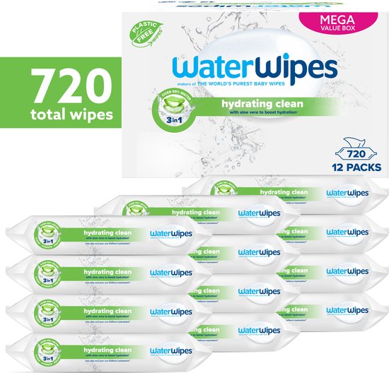 WaterWipes Hydrating Clean Mega Value Box met 720 billendoekjes in 12 verpakkingen.