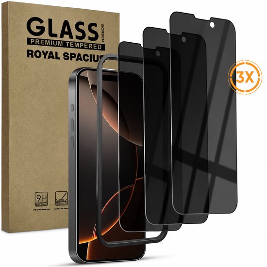 Verpakking en drie privacy screenprotectors voor iPhone 16 van Royal Pacius. Inclusief uitlijngereedschap. Met 9H en krasbestendige iconen.