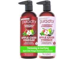 PURA D'OR Apple Cider Vinegar Thin2Thick Shampoo & Conditioner Set 2 x 473 ml – Met Appelciderazijn, Biotine, Keratine & Castorolie – Voor Voller Uitziend Haar – Geschikt voor Alle Haartypes – Voor Mannen & Vrouwen
