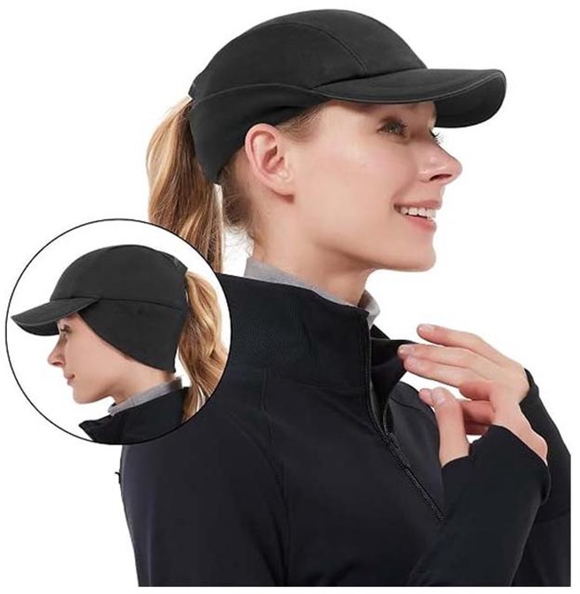 KZQ Wintermuts met paardenstaart - Gecoatte hardloopmuts met reflecterende elementen en afneembare oorflappen - Voor dames, hardlopen, wandelen en outdoor - Zwart