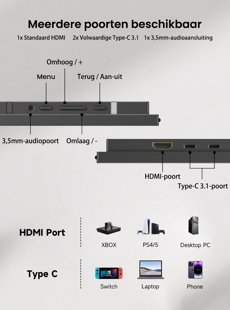 UPERFECT 23,8-inch draagbare monitor, 120 Hz, 1920x1080 FHD IPS, USB-C- en HDMI-poort, tweede scherm met geïntegreerde standaard voor laptop/telefoon/spelconsole, VESA-montage mogelijk
