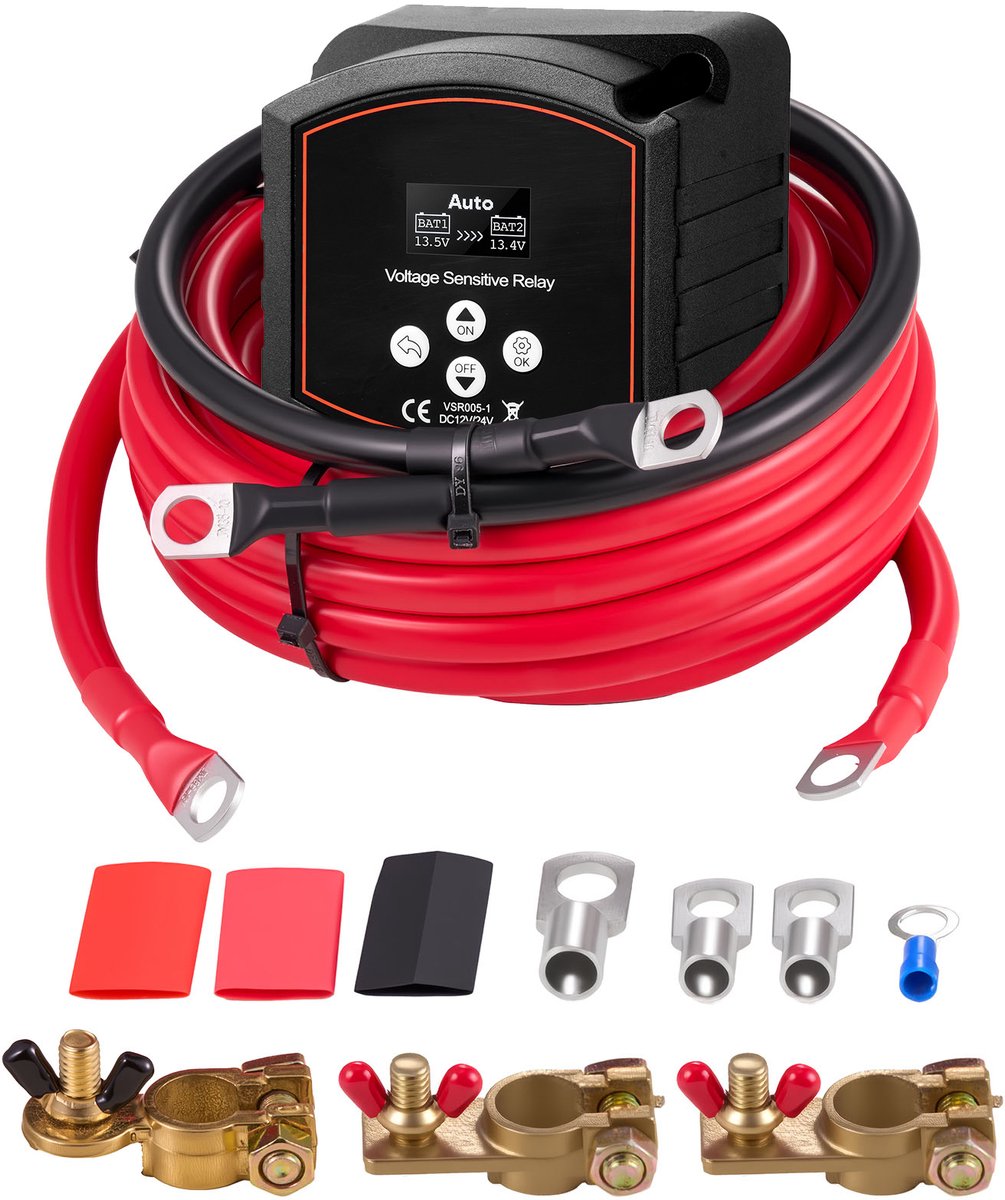 Dubbele Accu-Isolatierelais Kit, 12V 300A 6m 2AWG, Spanningsgevoelig Relais met Voltmeter, LCD-Scherm en Accuschakelaar, Geschikt voor Lithiumbatterijen, Ideaal voor UTV en ATV