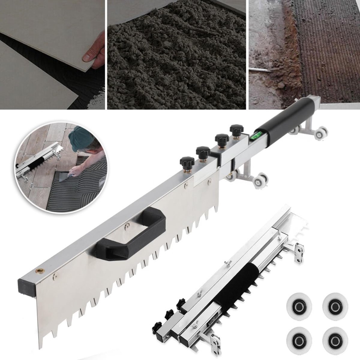 Tegelrichter Met 4 Beweegbare Wielen En Tl-Waterpas - Verstelbaar 400-800 mm Extra Handgreep Roestvrij Staal - Professioneel Gereedschap Voor Het Nivelleren En Stucen Van Tegels - Zilver