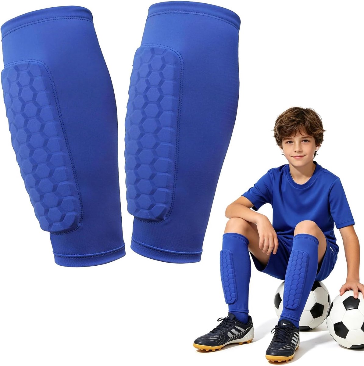Scheenbeschermers voor jongens – Scheenbeschermers voor kinderen (7-8 jaar) voor voetbaltraining – Accessoires voor jongens en meisjes – Compressiesleeves met honingraatstructuur