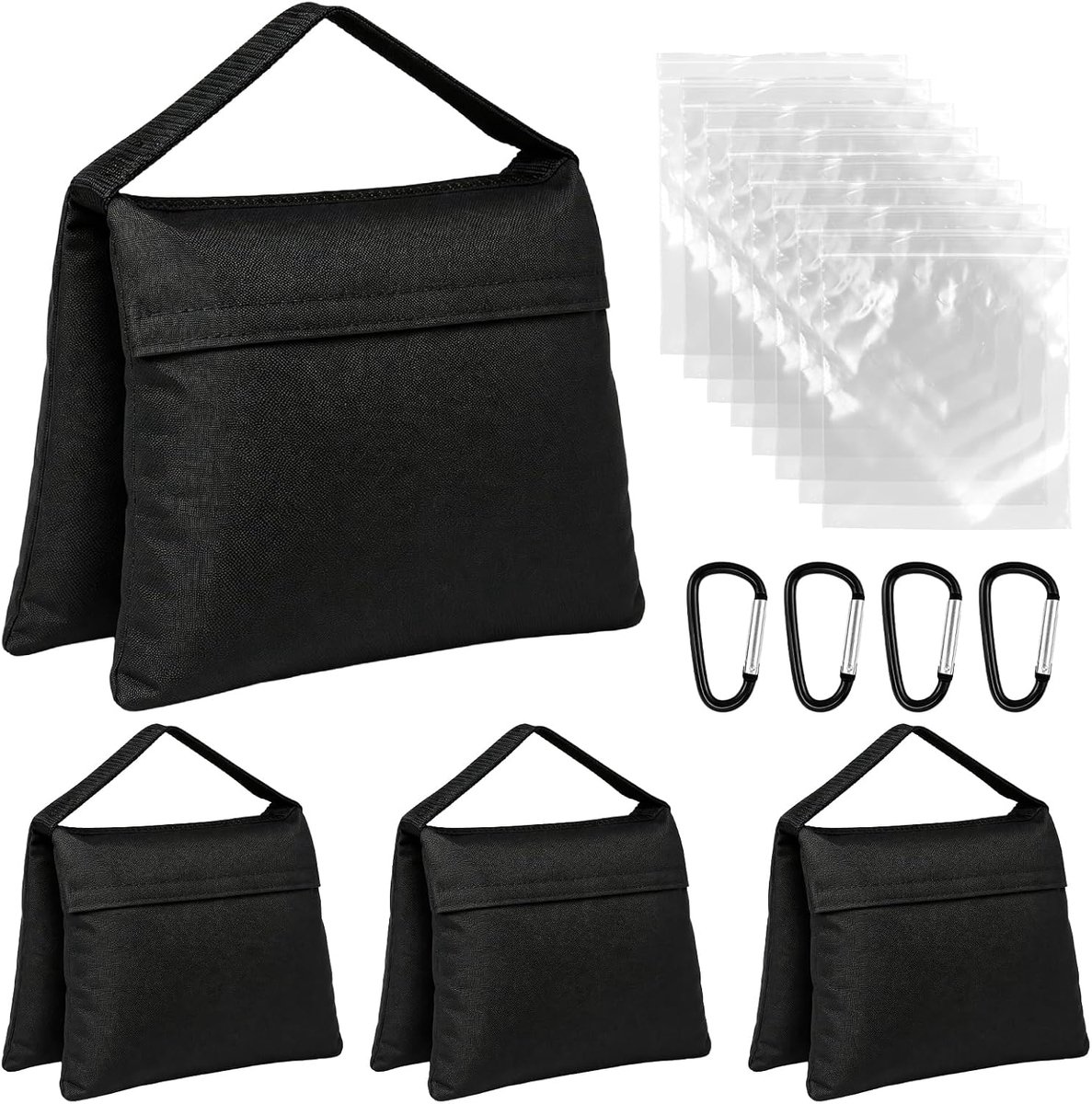 Zandzakken om te verzwaren, 4 stuks, 57 x 26,5 cm, met 4 klimhaken en 8 sluitzakken, 600D Oxford-zandzak, lege zandzakken, gewichten voor paviljoen, tent, statief, fotografie