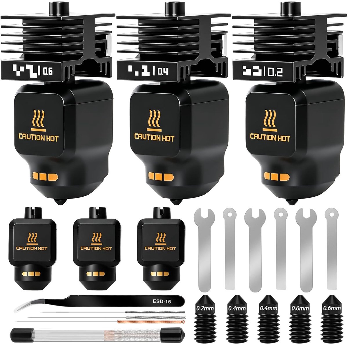 3 stuks 0,2 mm 0,4 mm 0,6 mm P2S/X2D hotend hotend printkop hot end kit met siliconen sok, reinigingsnaald voor P2S/X2D/H2D/H2S/H2C 3D-printeraccessoires, 42 stuks (siliconen hoes alleen geschikt voor