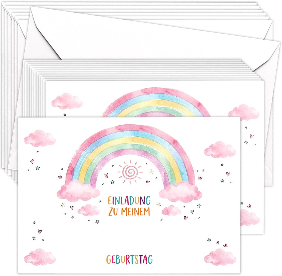 12 sets regenboog-uitnodigingskaarten, verjaardag met 12 enveloppen, verjaardagsuitnodigingen met regenboog-hartmotieven, grappige verjaardagsuitnodigingskaarten voor vrouwen