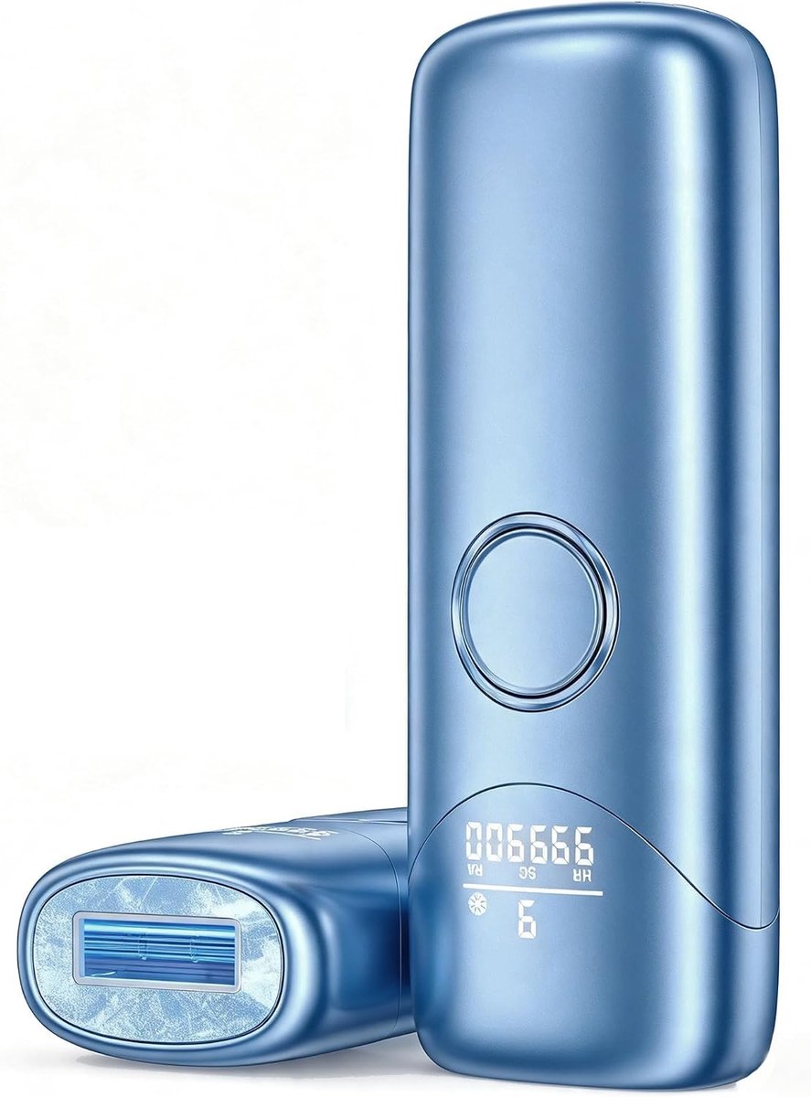 Laser-epilator met ijskoeling, 600-1200 Nm, pulserend licht met 9 energieniveaus, max. 19,8 J, 999,900 lampen, voor bikini, oksels, gezicht, lichaam, Blauw