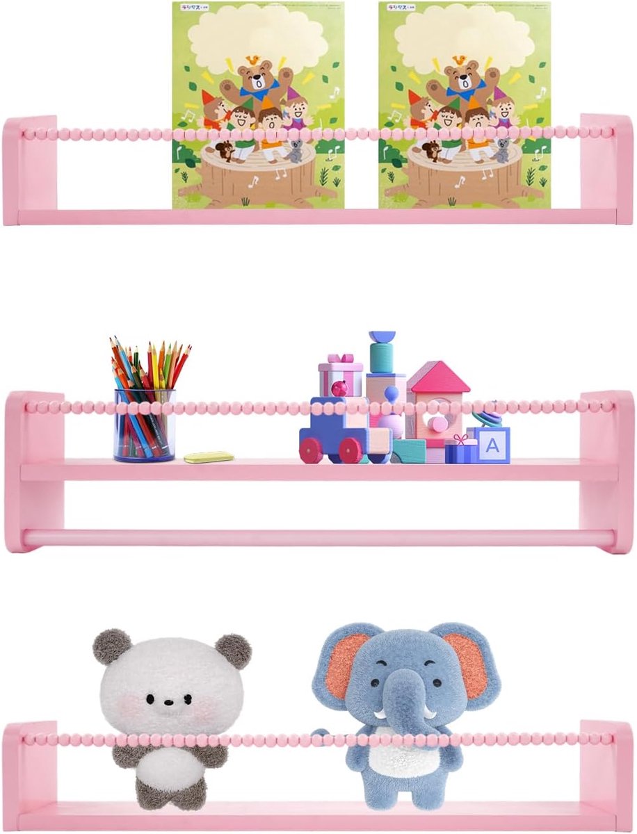 Set van 3 moderne boekenkasten, wandboekenkast met 15 mm planken, wandrek, 30 kg draagkracht, zwevende planken voor woonkamer, kinderkamer en thuiskantoor (roze)