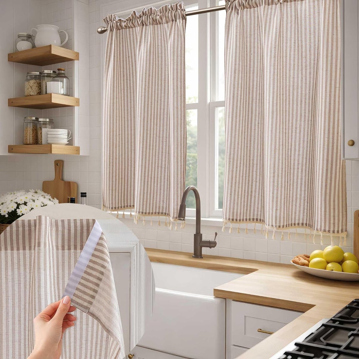 Vitrage, ondoorzichtig, kort, linnenlook, decoratieve franjes, eenvoudige montage voor gordijn keuken (bruin, H 114 x B 86 cm, set van 2)